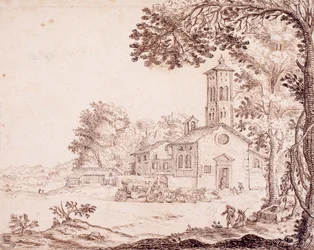 Paisaje, iglesia y carruaje